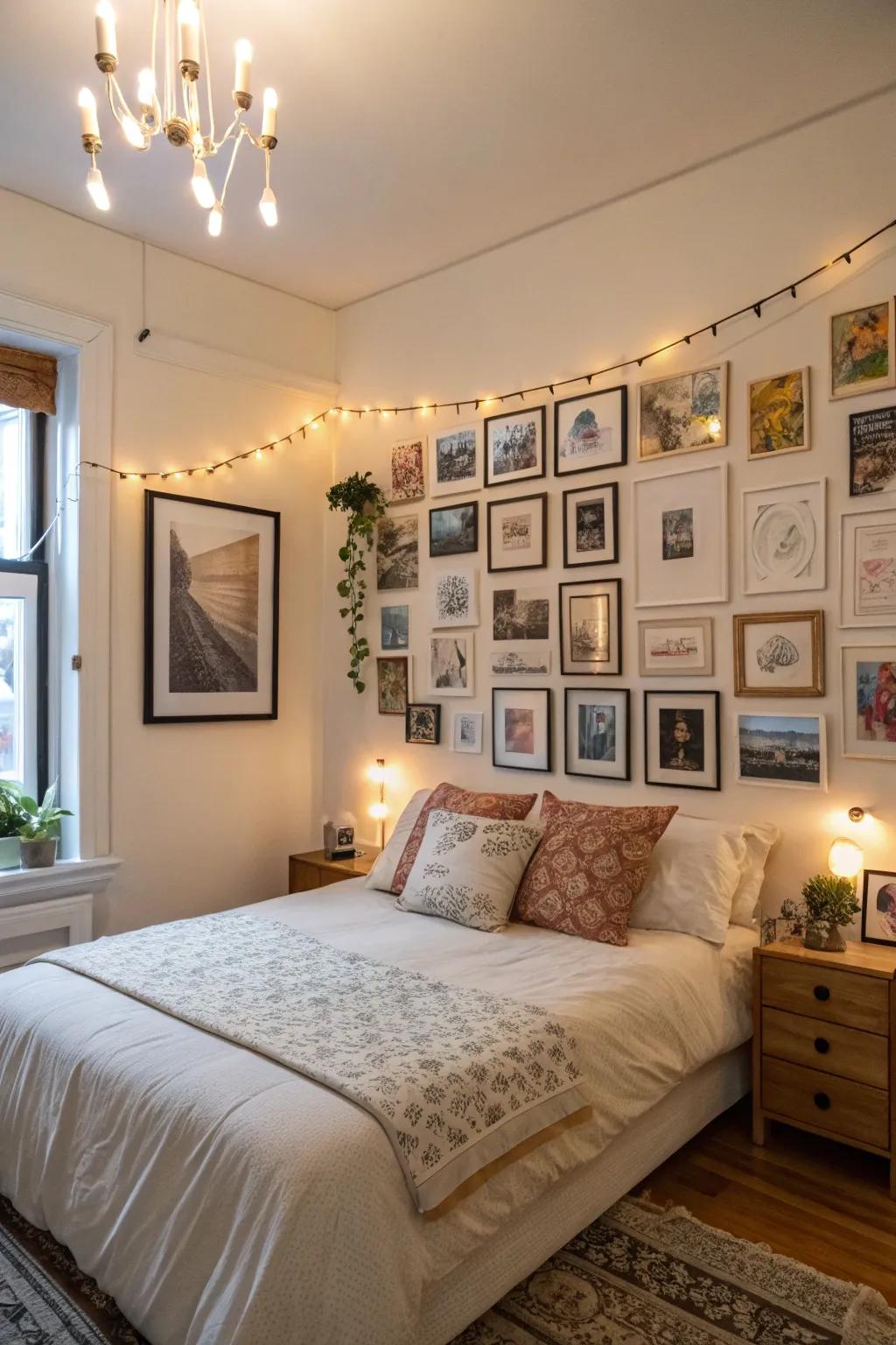 This apartment bedroom features a personalized display of photos and art made up of artwork and pictures.