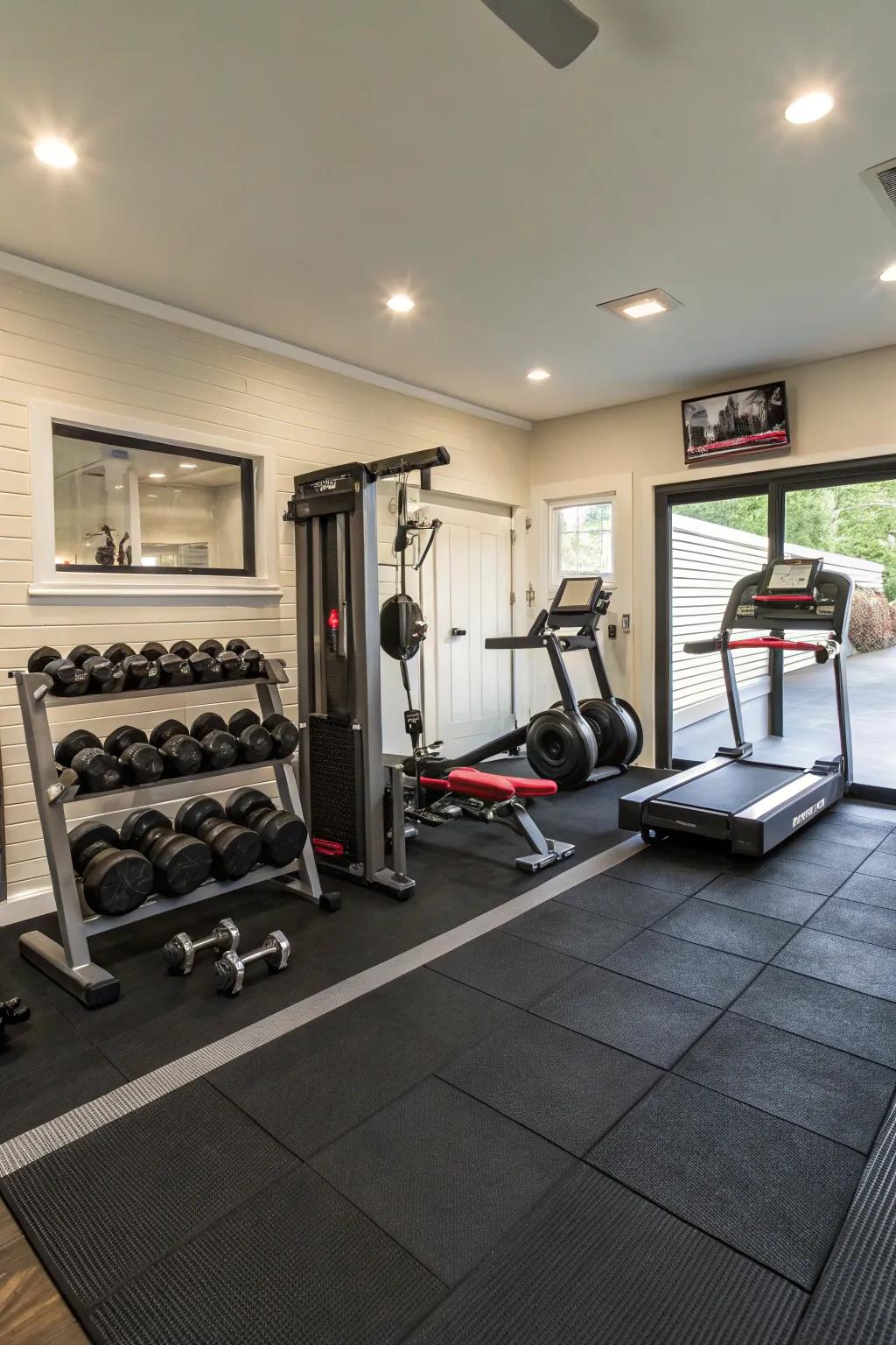 For active spaces, durable and shock-absorbing rubber flooring.