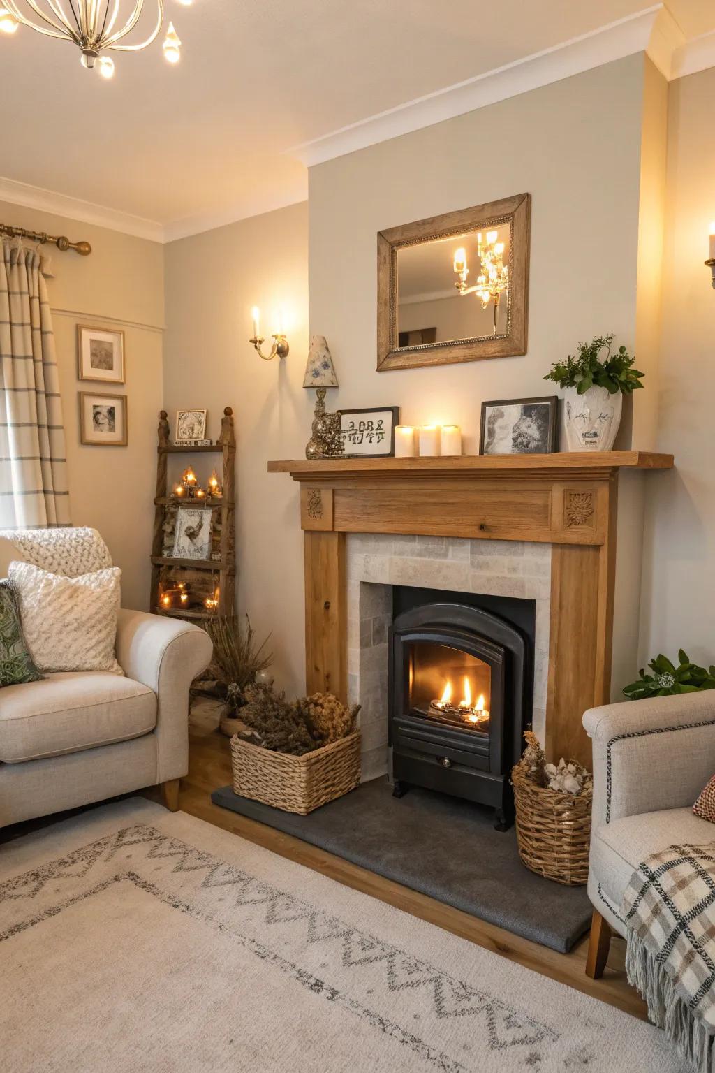 A hearth acts as a comforting key element within this small living space.
