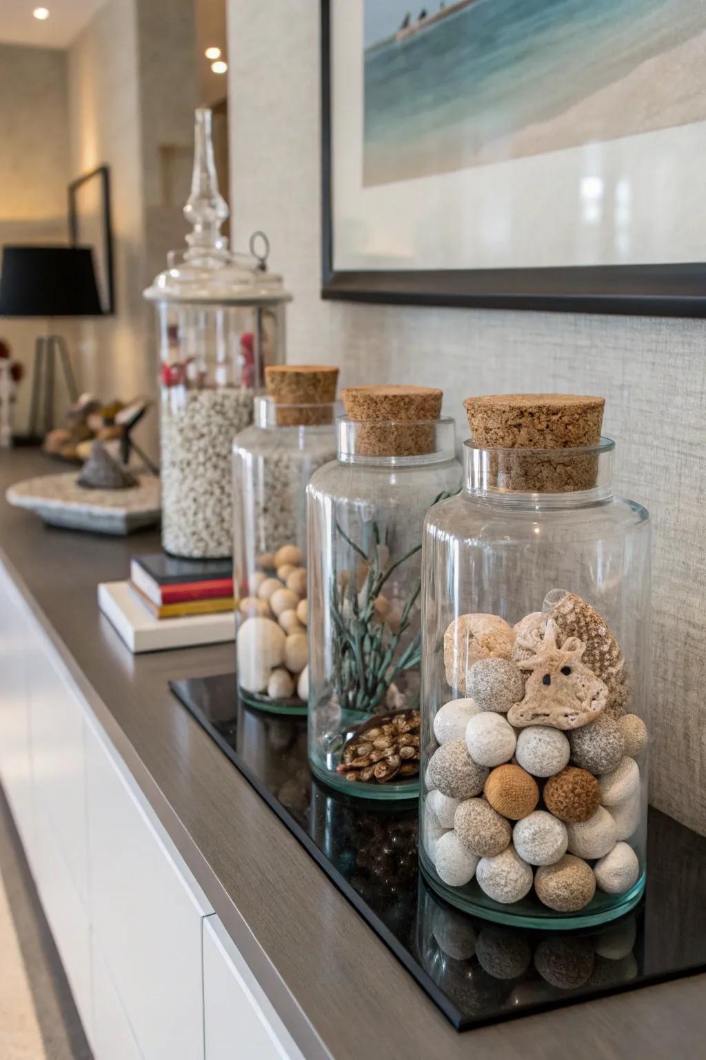 Artistic vintage-inspired glass jars provide an eye-catching display.