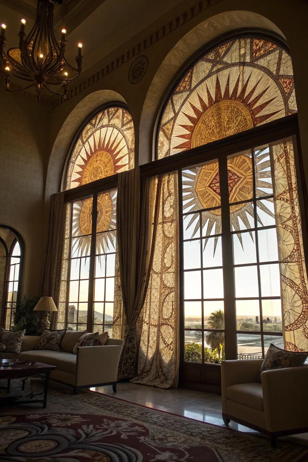 A dramatic living space showcasing radiant bloom fabric design on arched windows.
