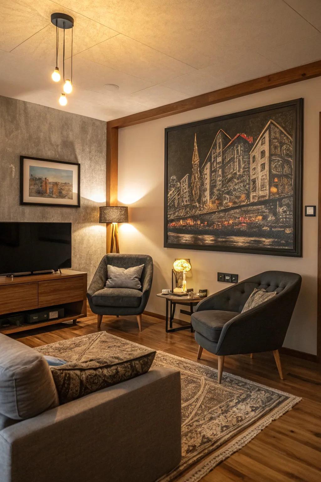 A scratch art painting introduces texture and depth to this cozy living room.
