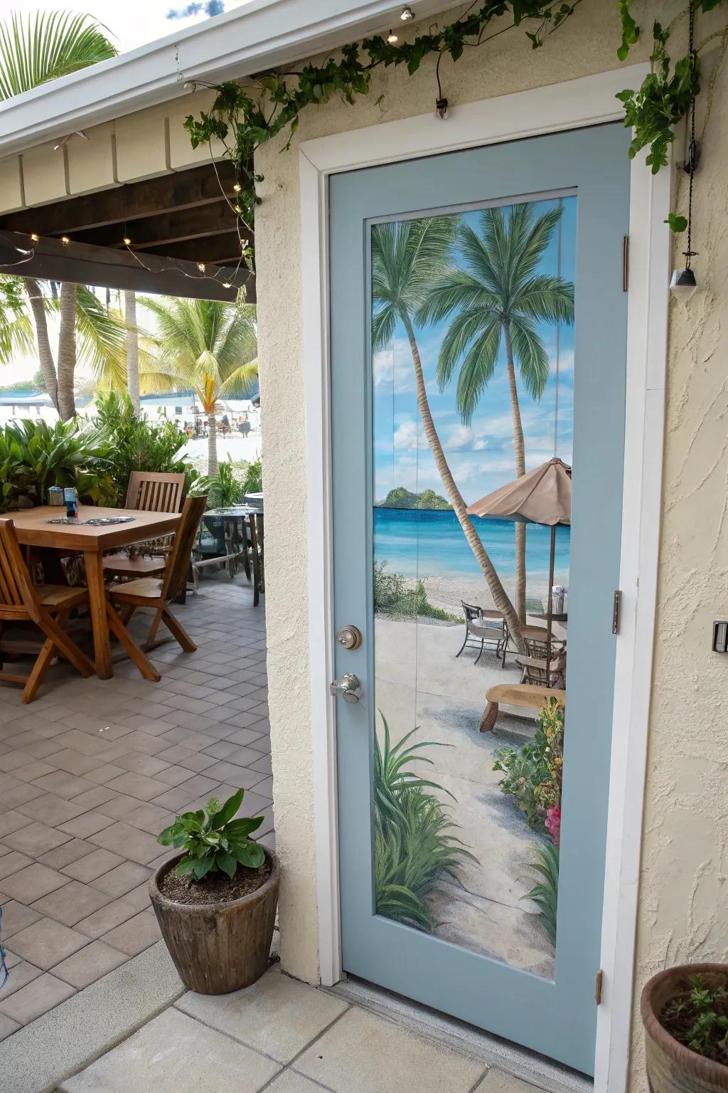 A freehand mural door that beckons you to a coastal escape.