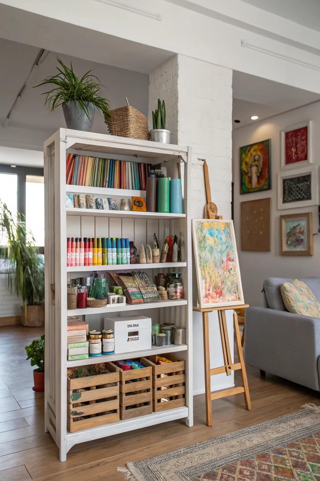 Repurposed bookshelves are perfect for displaying art items.