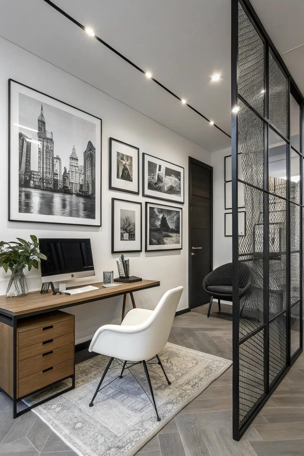 Black and white art provides focus and clarity in this office.