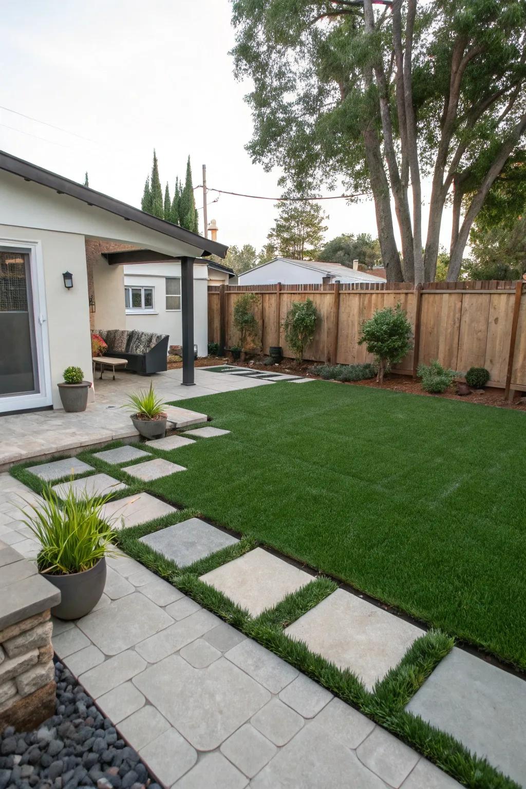 Attain contemporary elegance using a fusion of hardscapes and simulated turf.