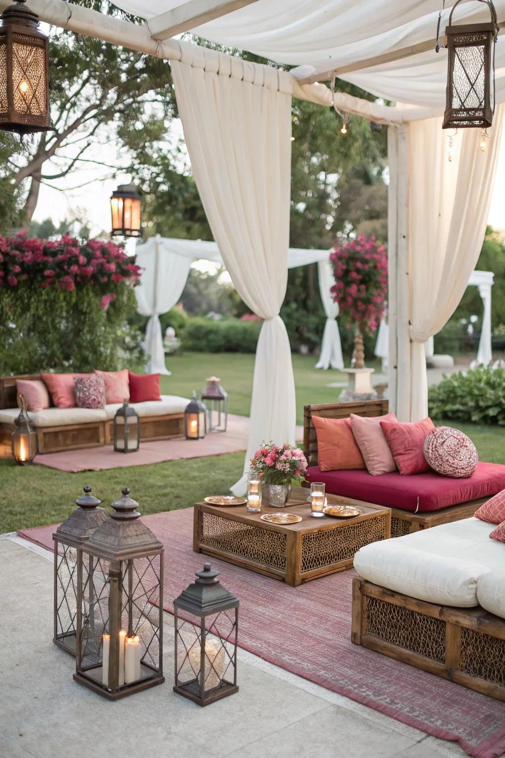 A comforting relaxation space extends attendees a tranquil area at the wedding.