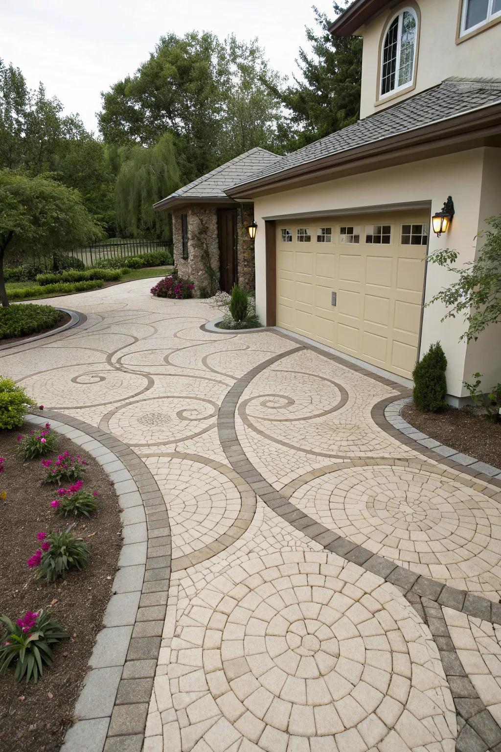 A driveway with unique surface patterns that adds character to the property.