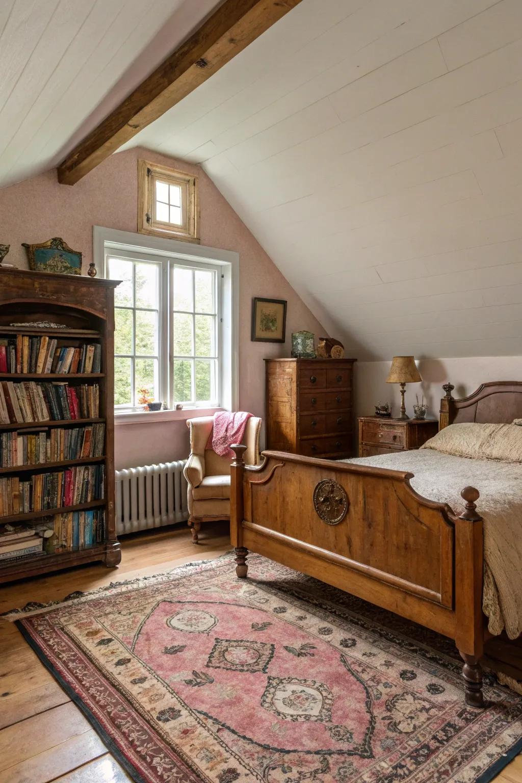 Old-fashioned accents convey elegance and nostalgia to your attic sanctuary.