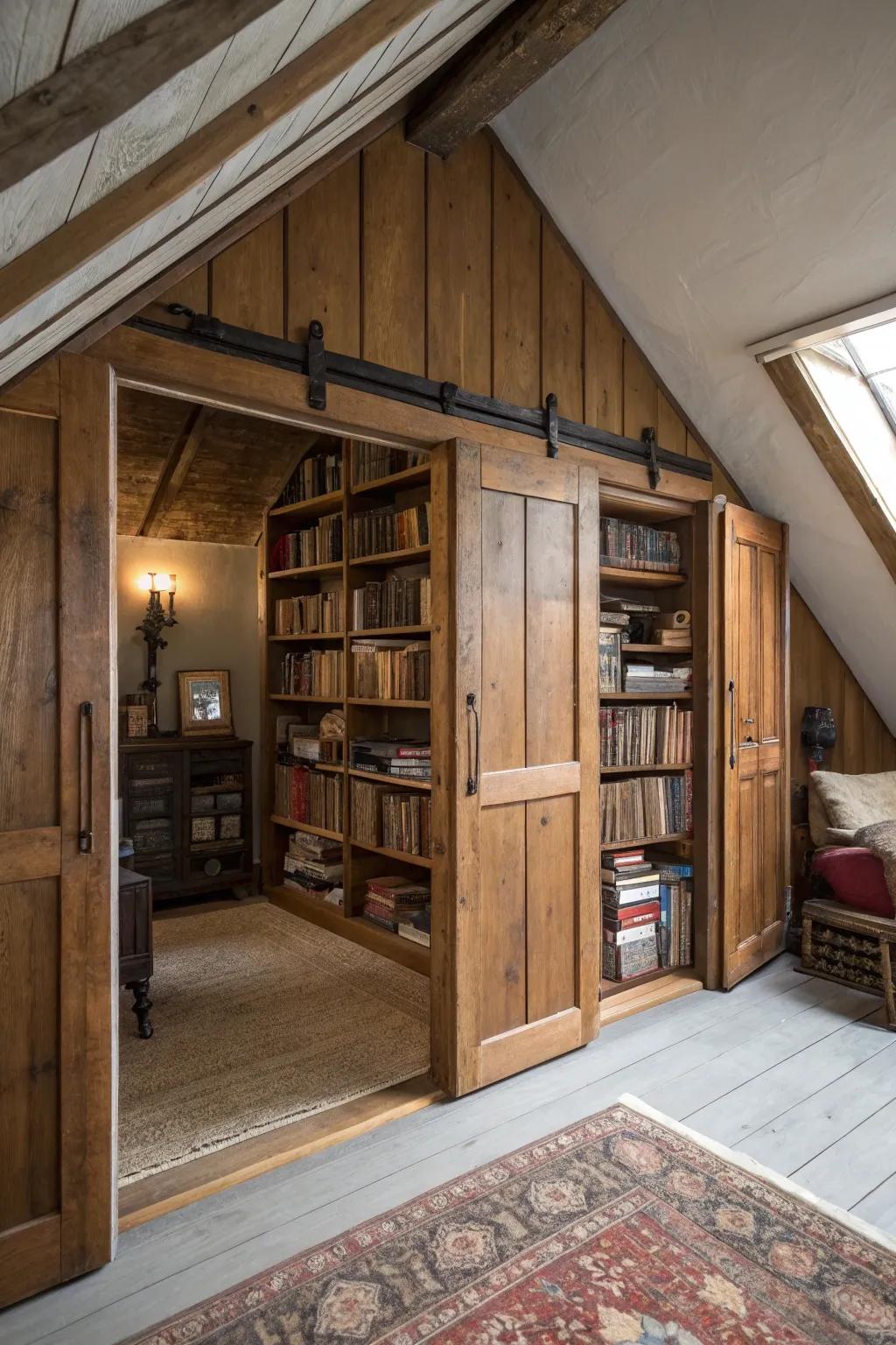 Sliding entrances conceal storage while conserving accessibility.