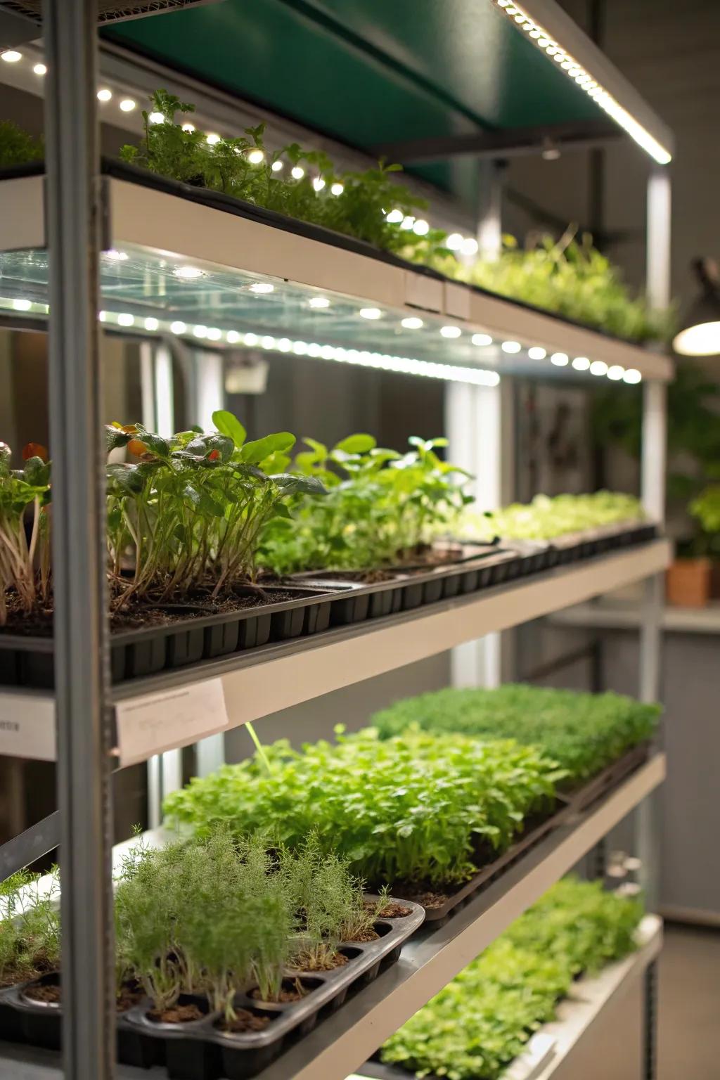 Hovering shelves with under-mounted plant lights for a minimalist plant display.