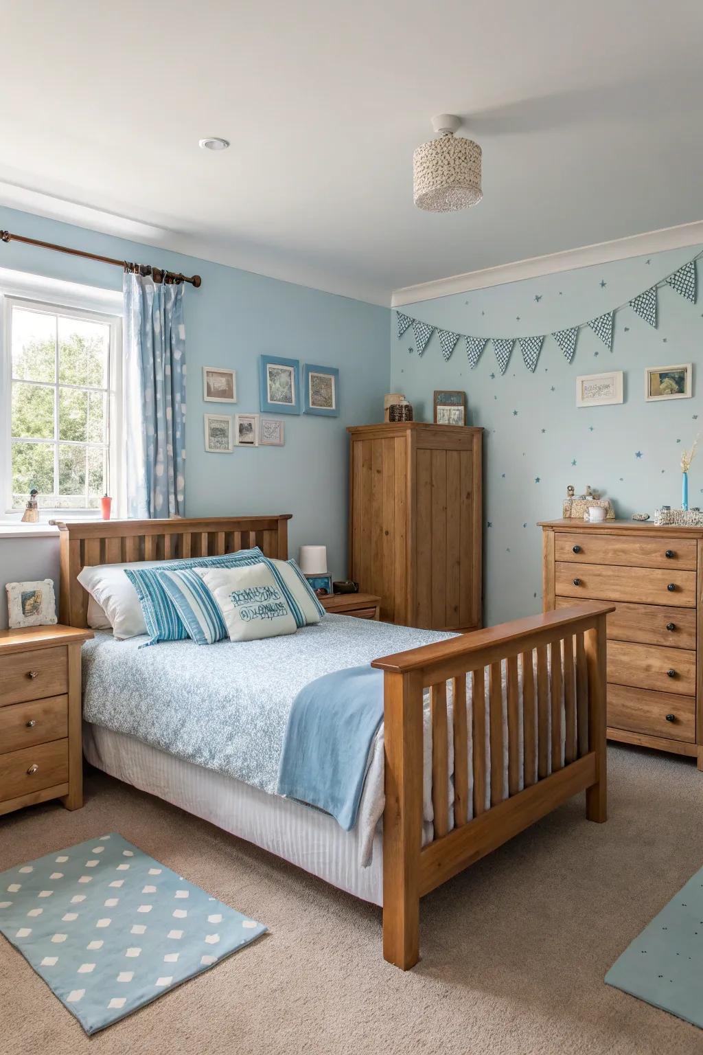 Wood highlights add warmth and balance to a light sky blue bedroom.