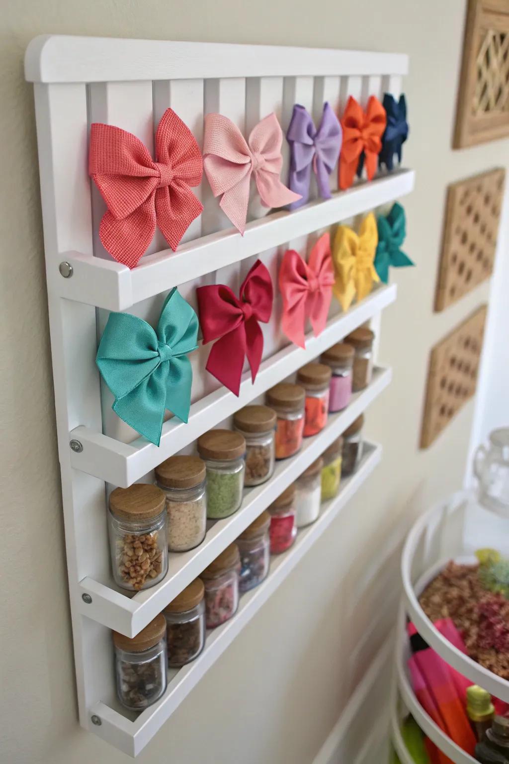 A creative application of herb racks for storing baby bows.