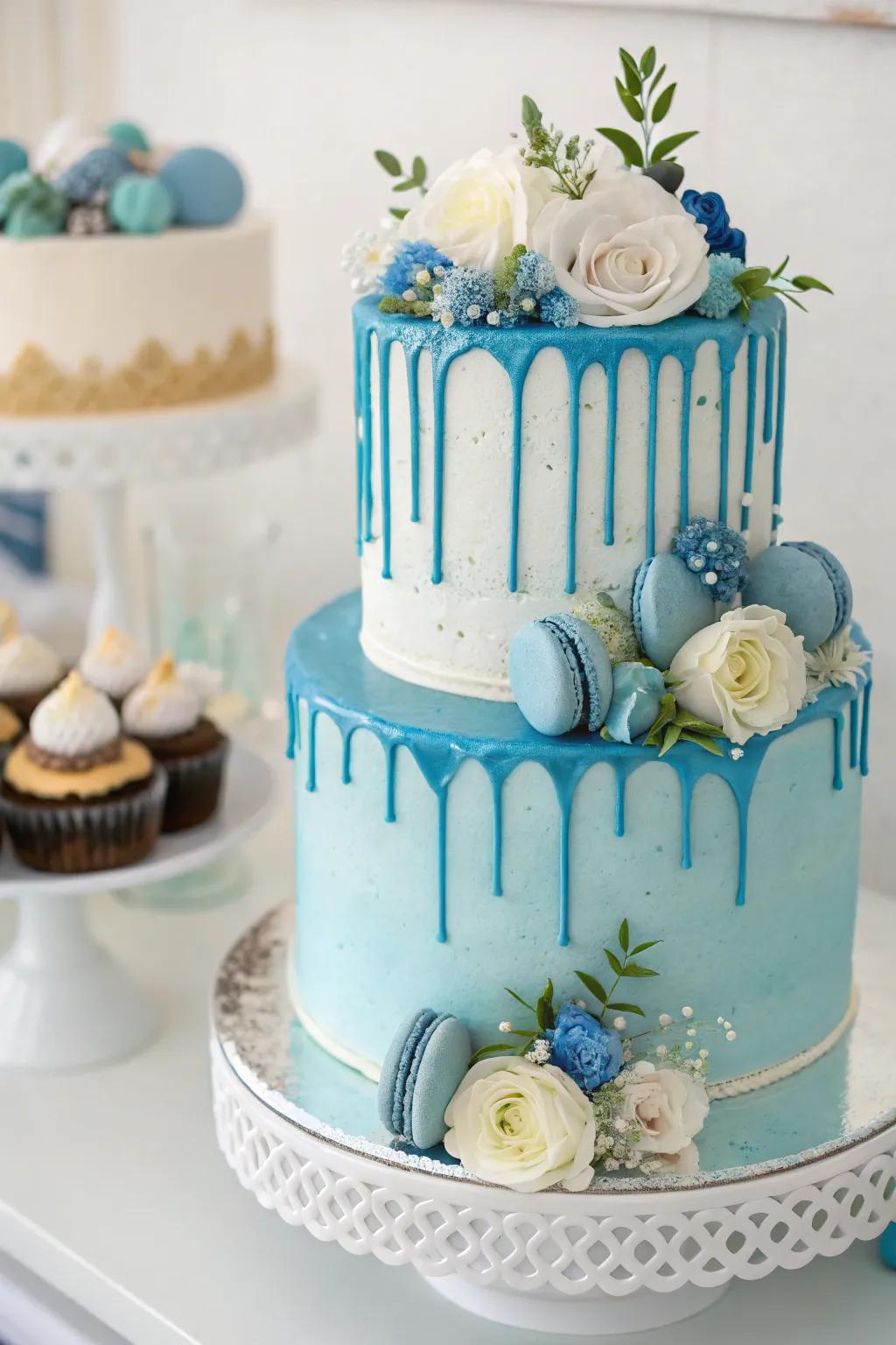 A modern drip cake with a touch of elegance, perfect for a baby boy gathering.