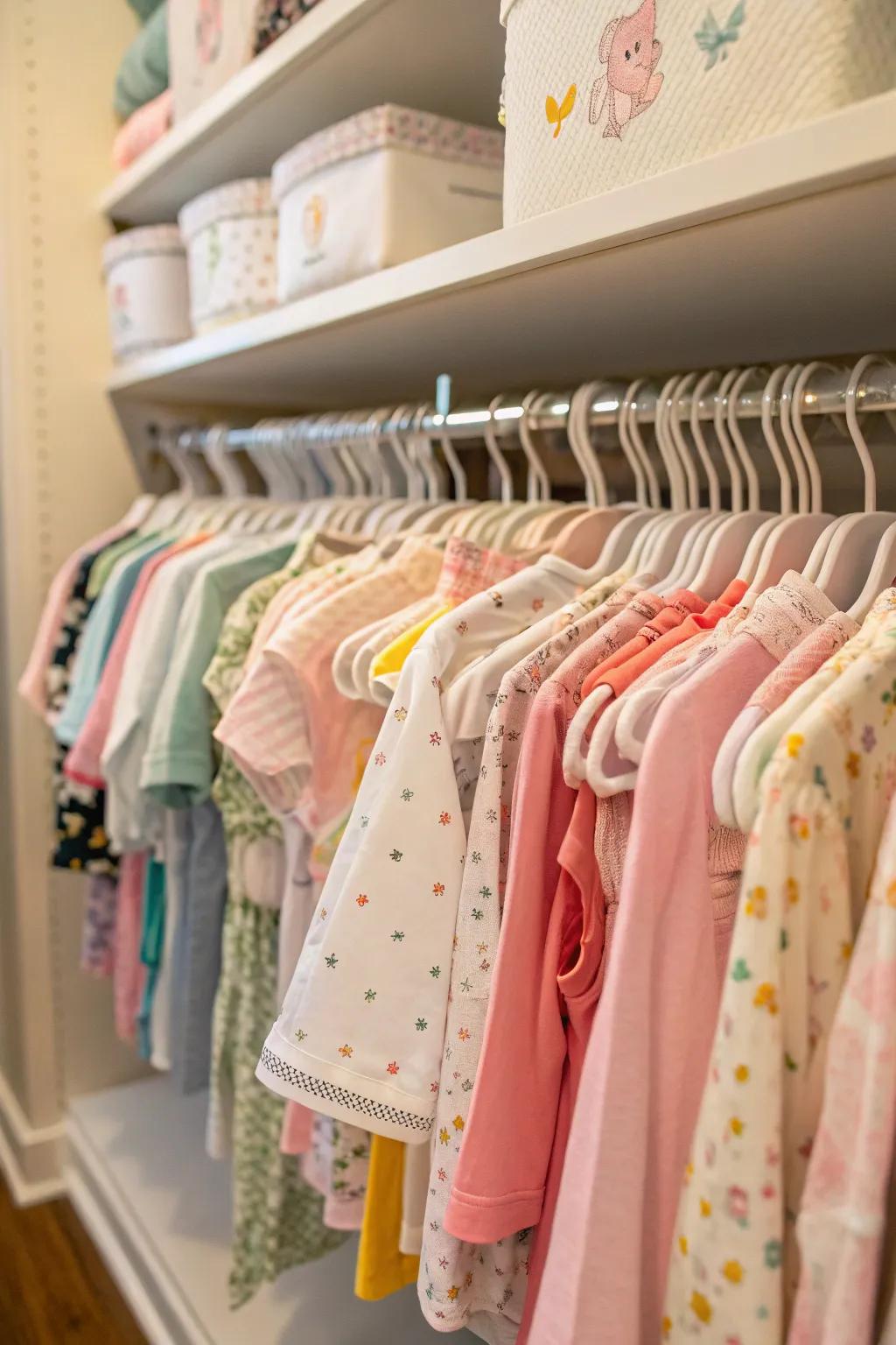 Baby-sized hangers help clothes retain their shape and the closet stay neat.
