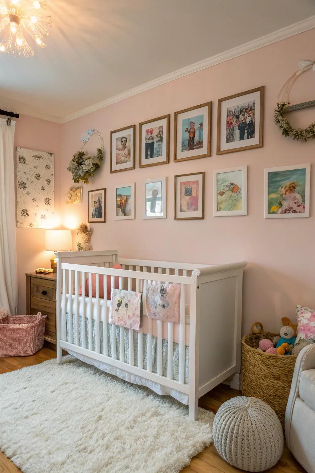 A display wall adds warmth and a personal touch to the baby area.