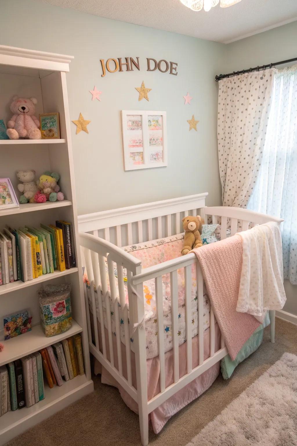 A customized name sign adds a unique touch to the nursery.