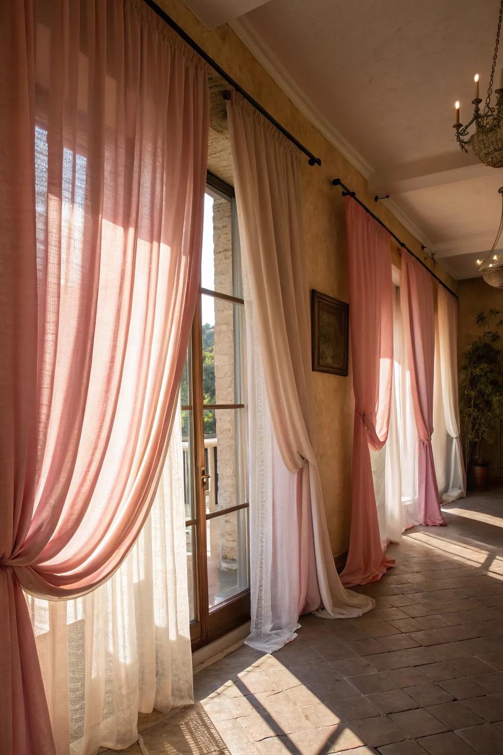 Layered panels in delicate rose tint append elegance and frame the scenery.