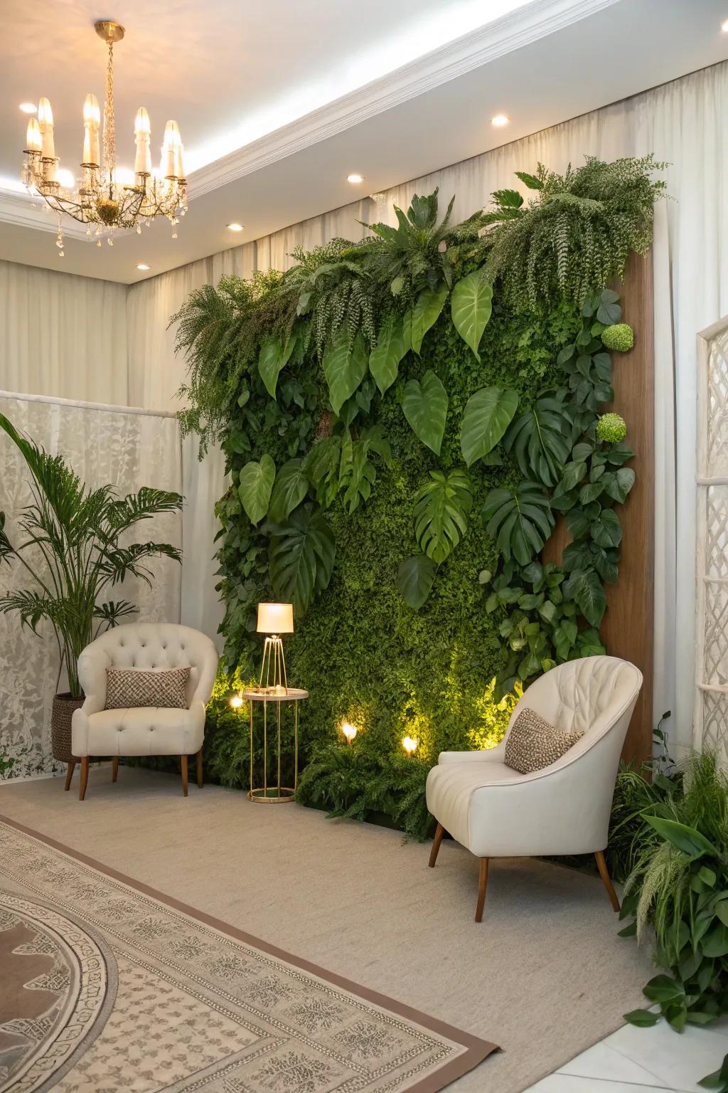 A verdant growth wall delivers a fresh, natural feel to the decorations.