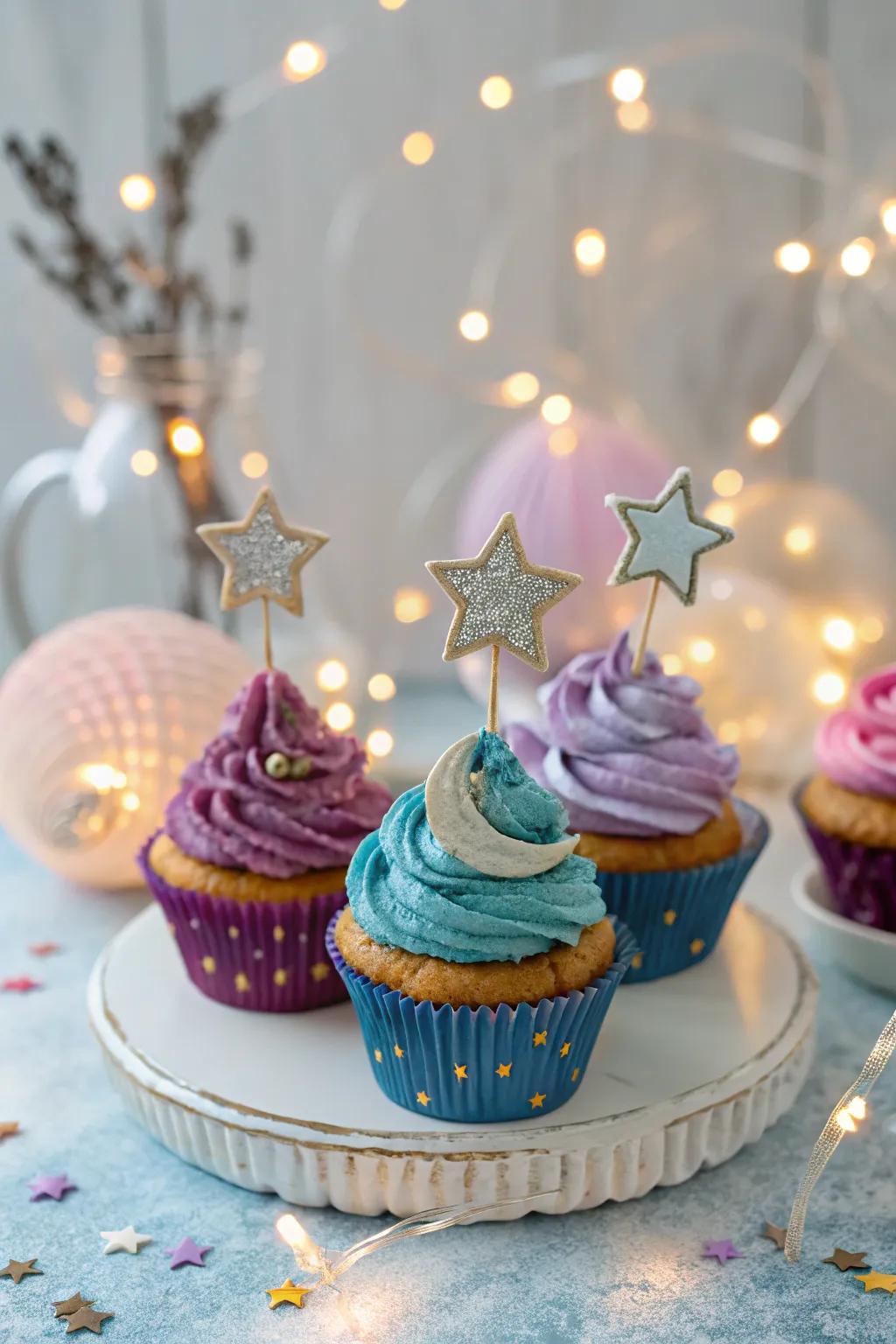 Cosmos-themed cupcakes for a galactic baby shower experience.