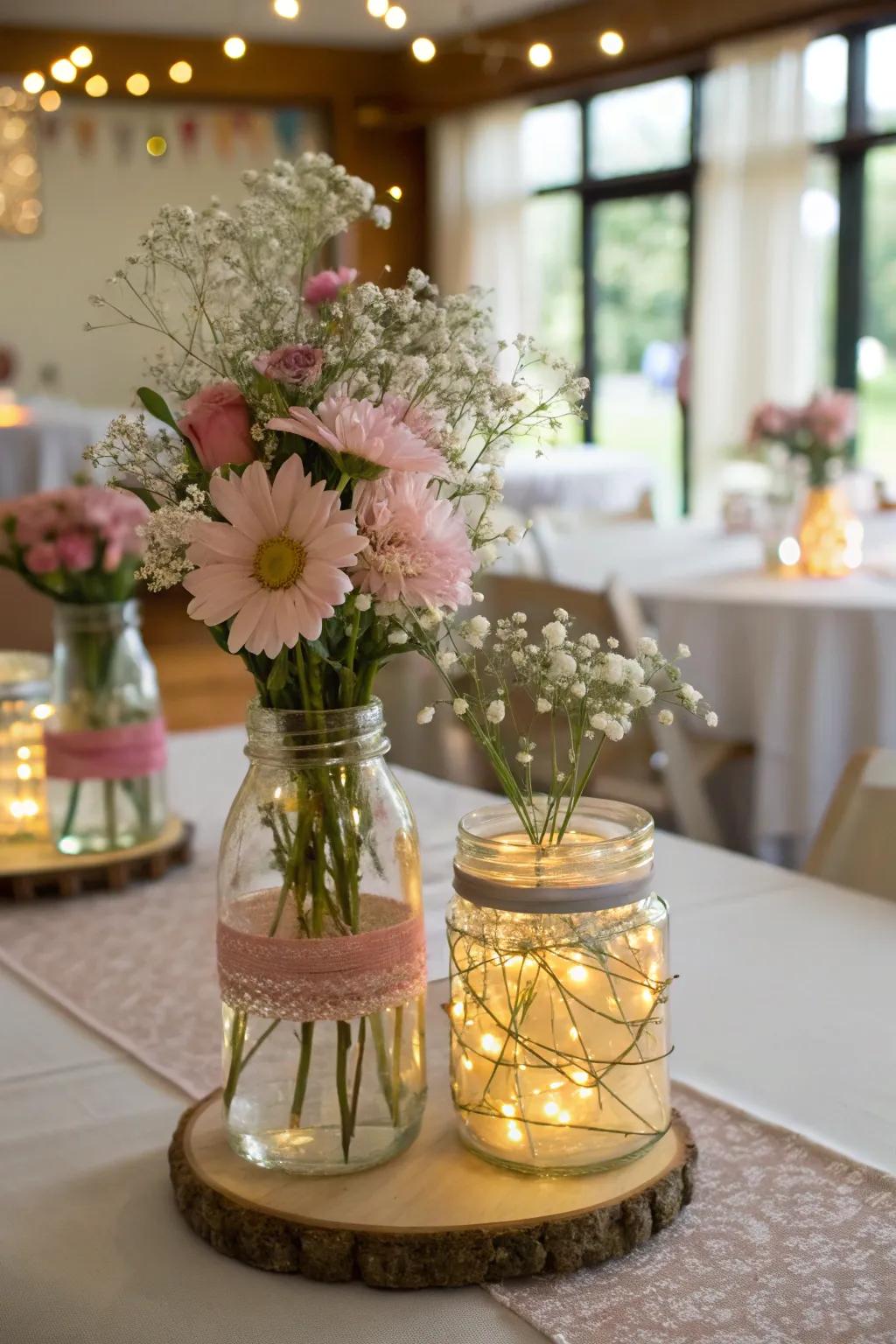 Handmade centerpieces with mason jars and fairy lights craft a charming table setting.