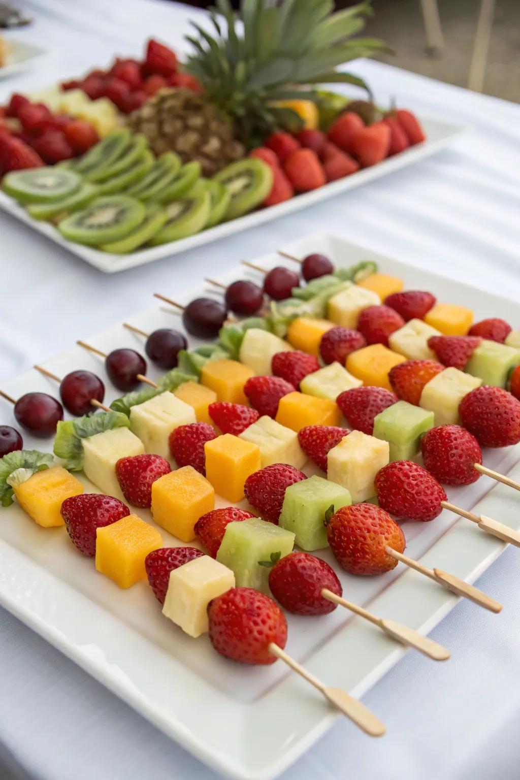 Fruit skewers creatively arranged with vibrant colors.
