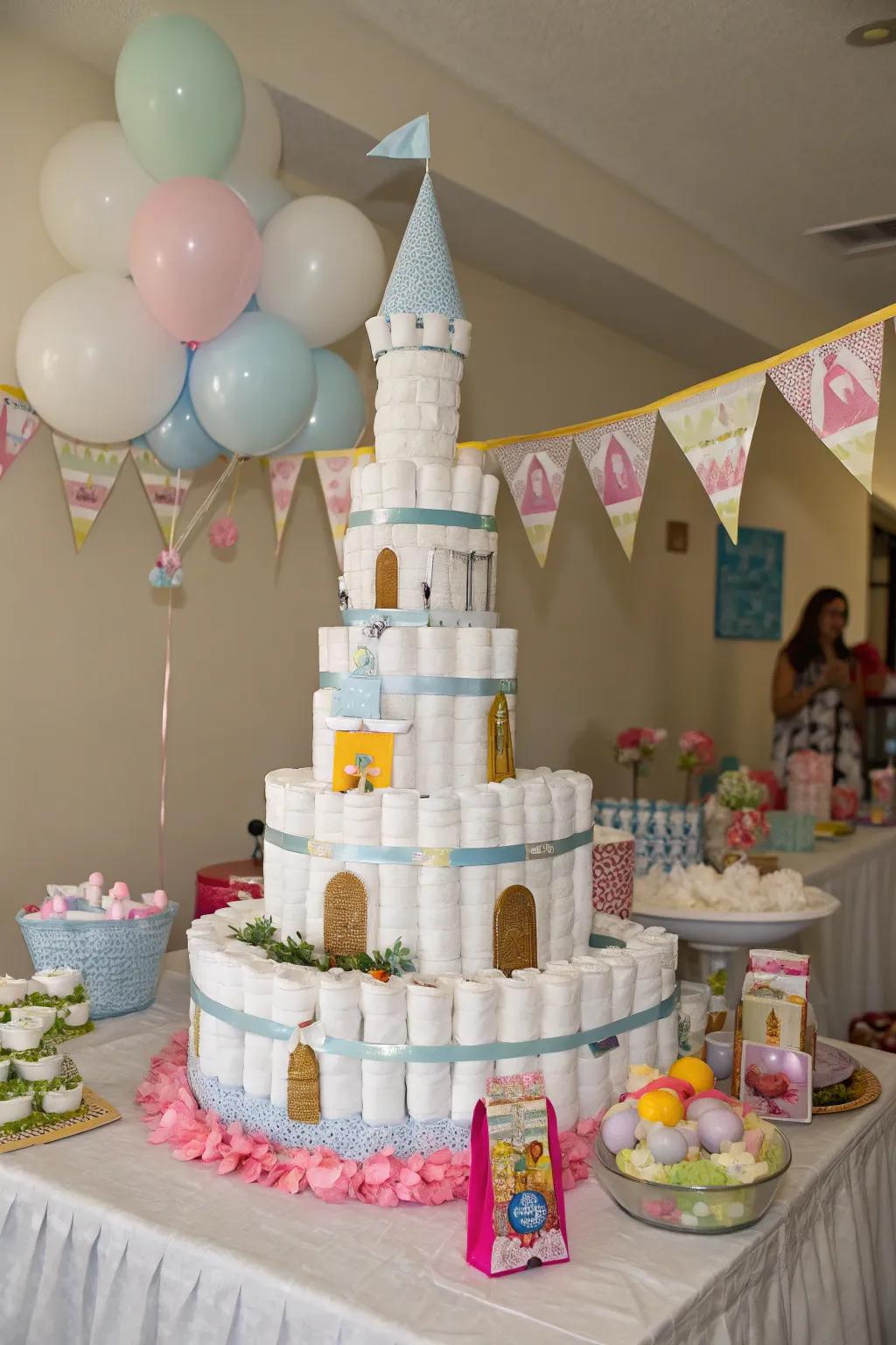 A fairytale diaper fortress enchanting the baby shower.