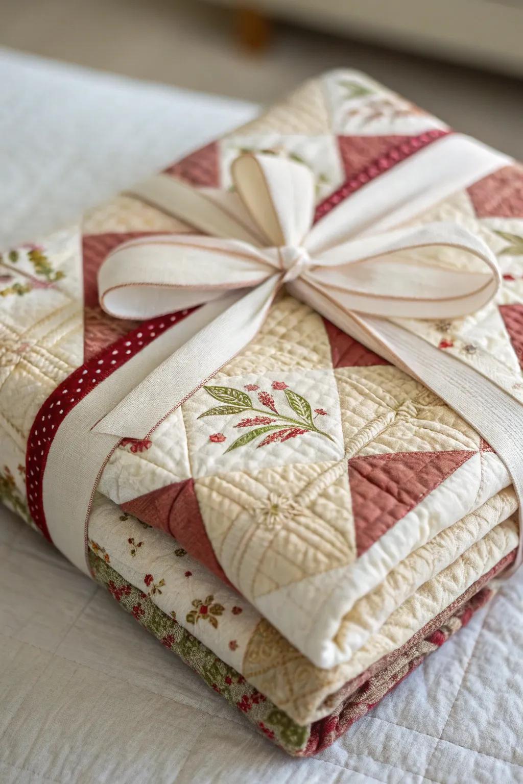 A warm and exceptional gift wrap utilizing a quilt, ideally suited for a baby shower.
