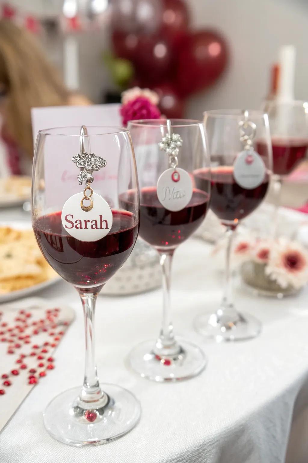 Drink glasses with personalized charms.