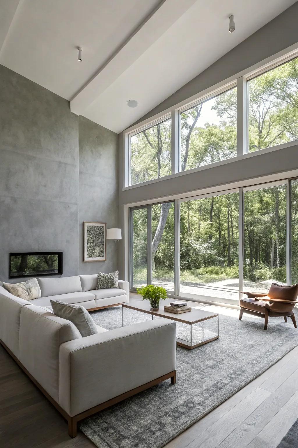 A relaxing area featuring a minimalist gray wall, establishing an open airy feel.