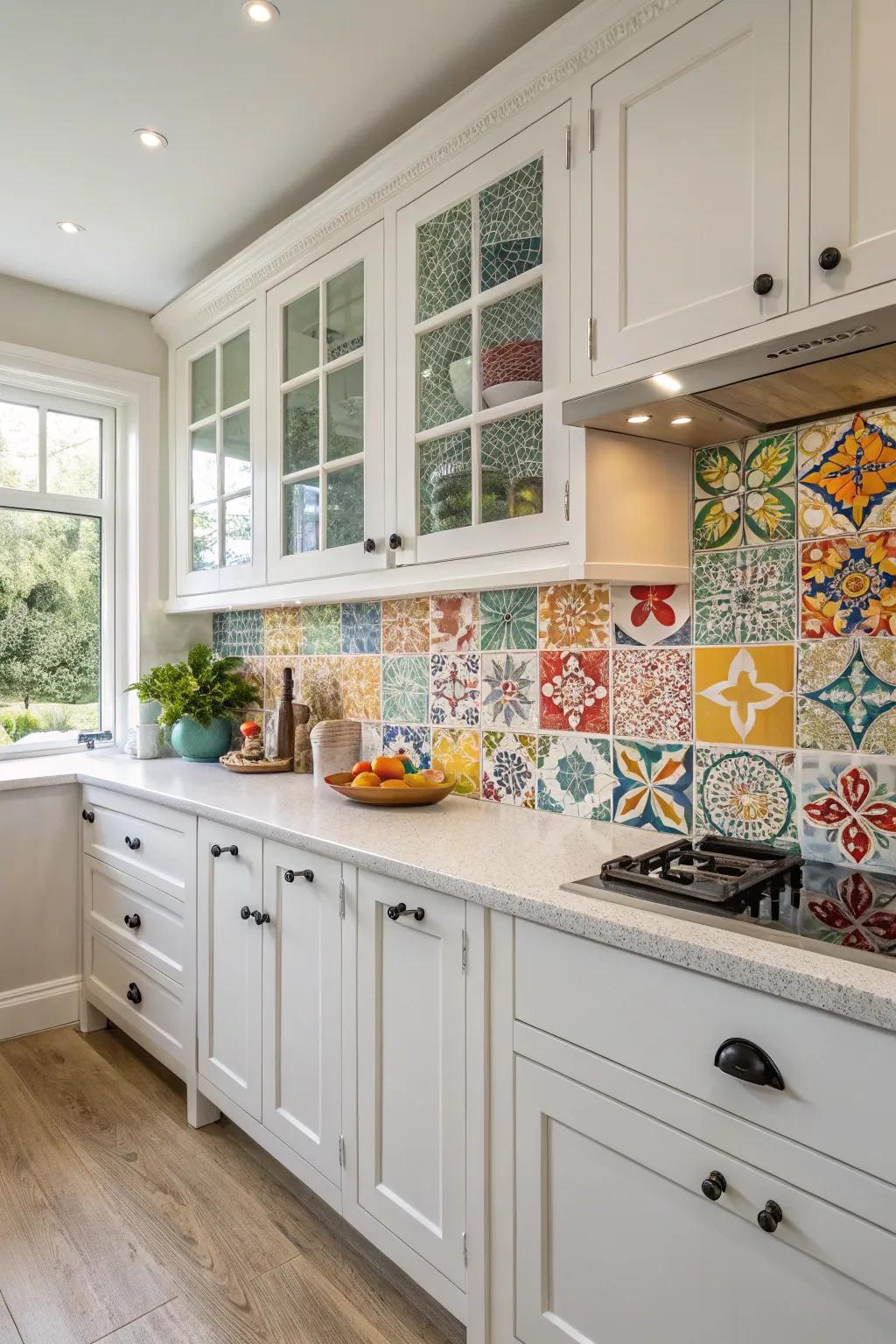 Vibrant vitreous tiles amplify this white kitchen.