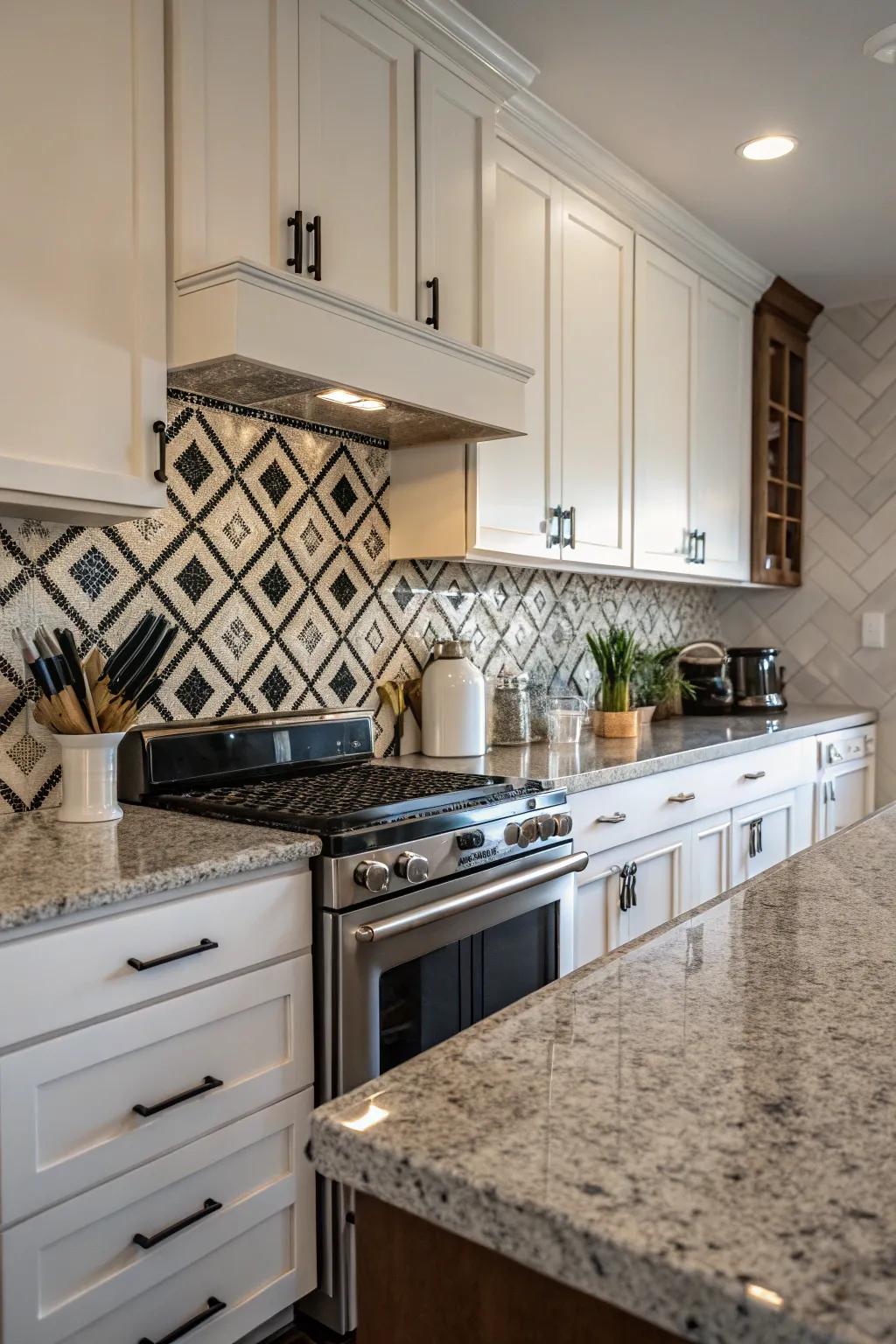 Onyx and chalk tiles create a dramatic contrast with fantasy brown granite.