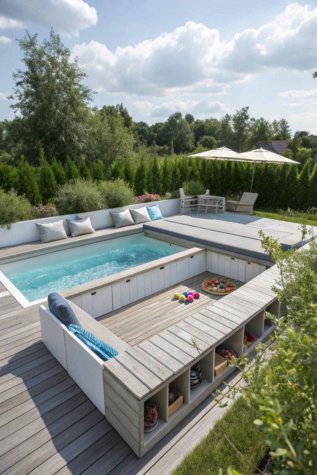 Concealed storage retains your pool deck neat and structured.