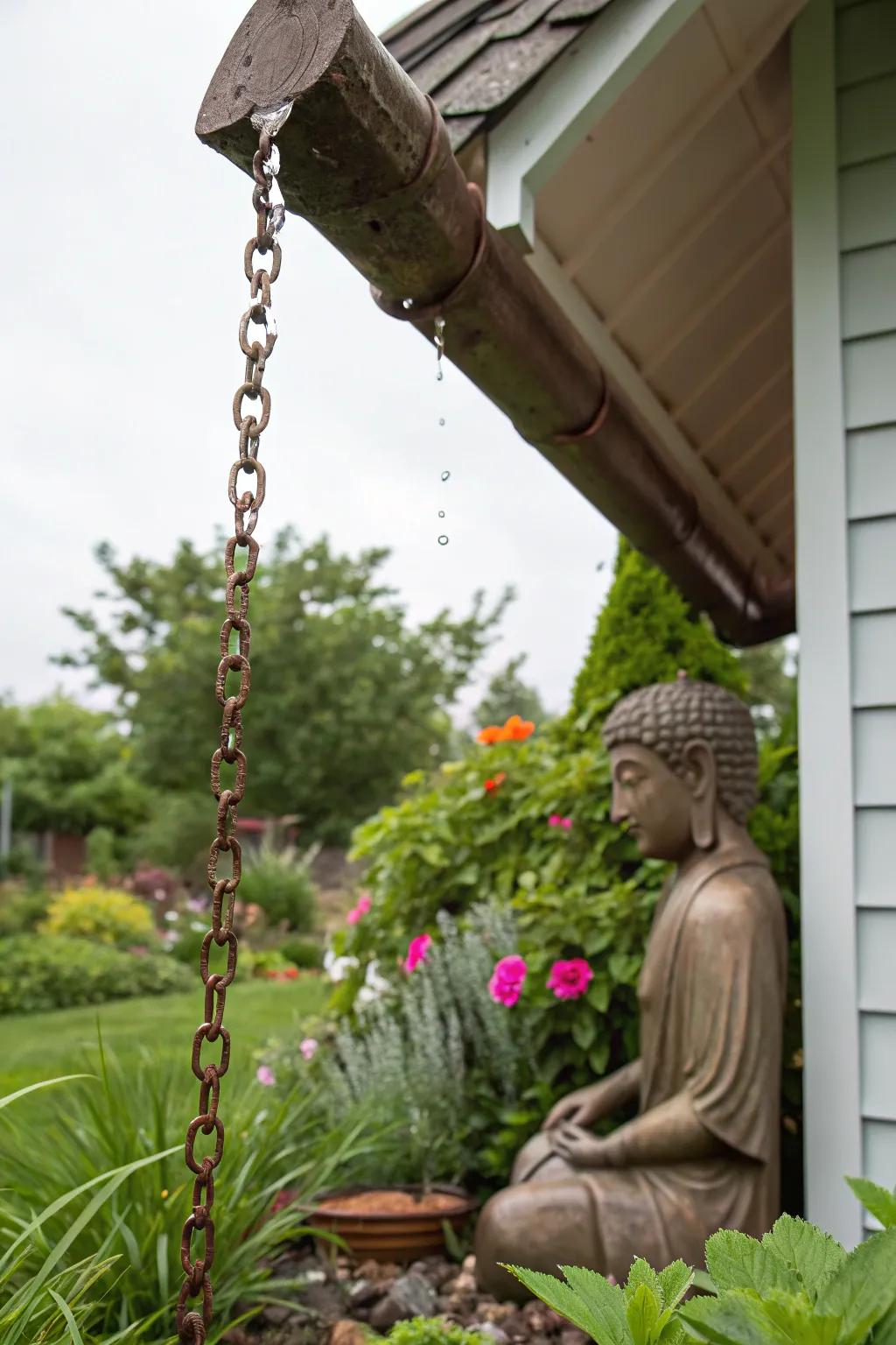A rain chain introduces a meditative water feature to your garden.
