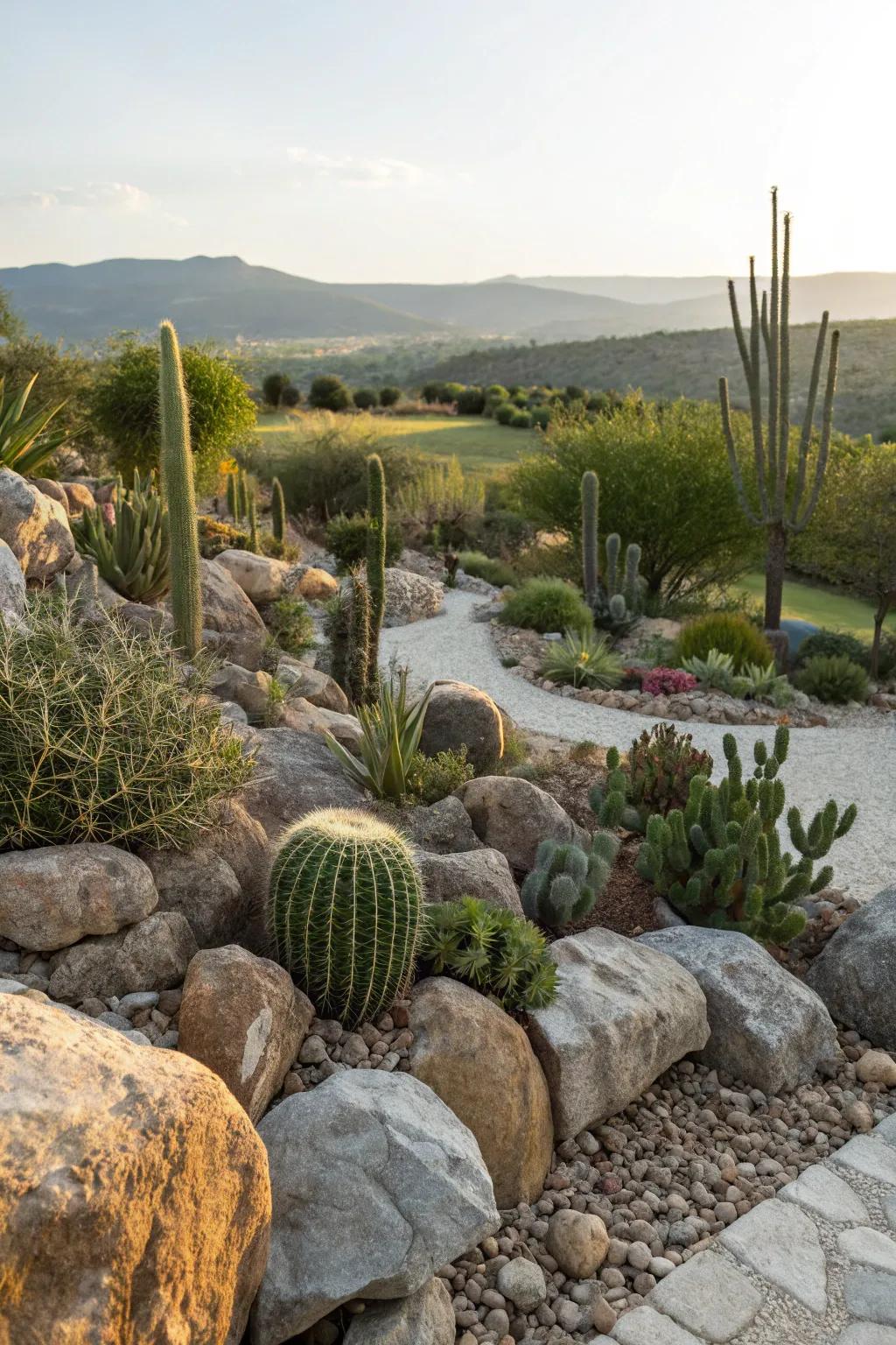 Cacti and rocks blending seamlessly to create a natural desert vibe.