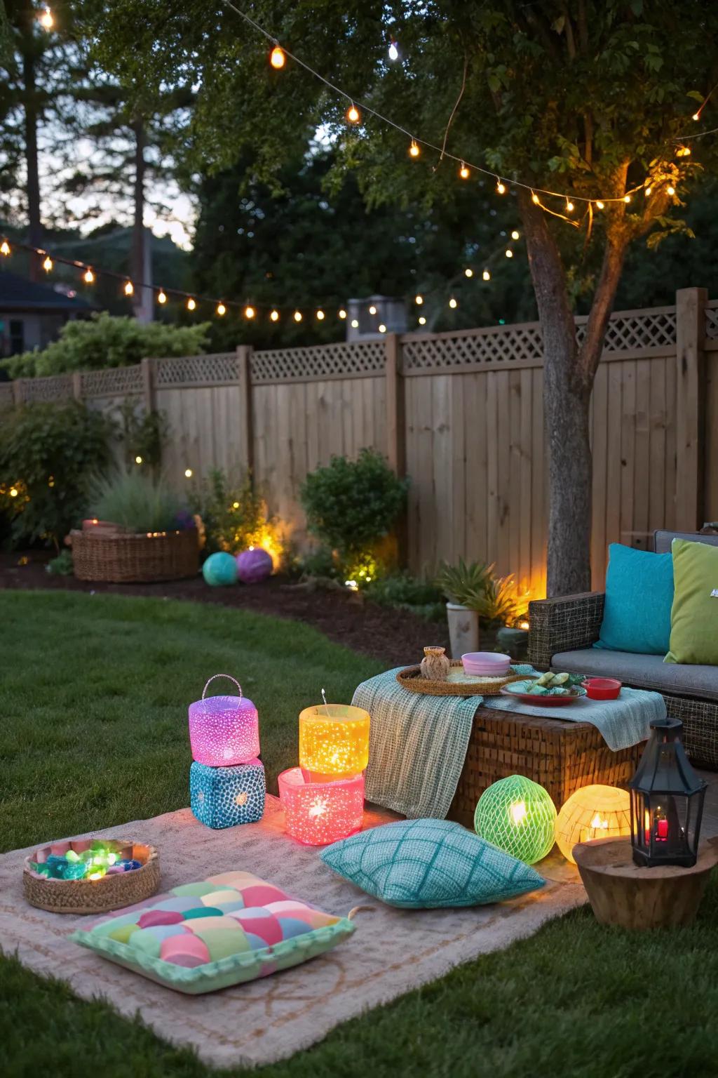 Glow-in-the-dark crafts infuse the campsite with a magical essence.