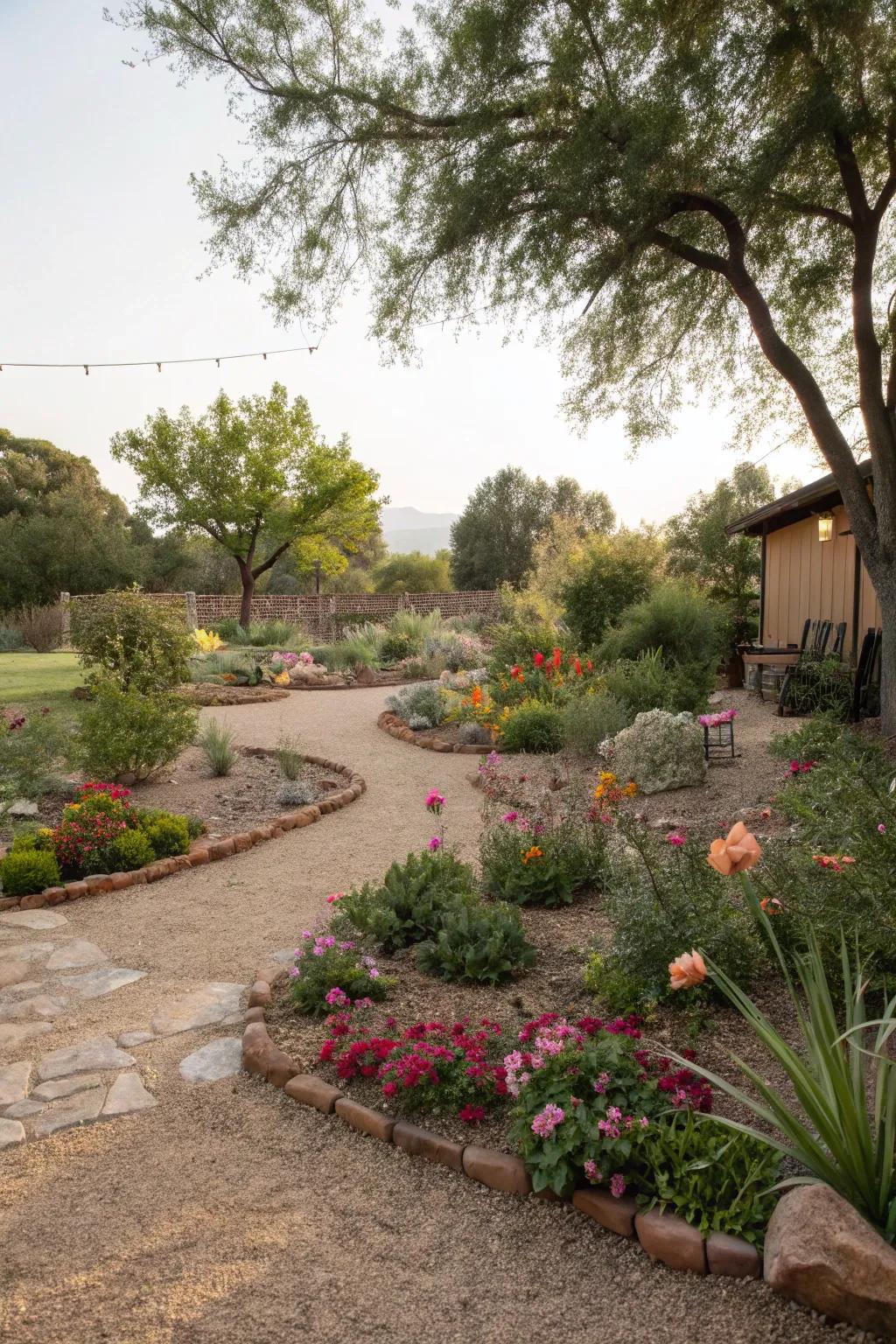 Crushed rock as ground cover offers weed prevention and enhanced drainage.
