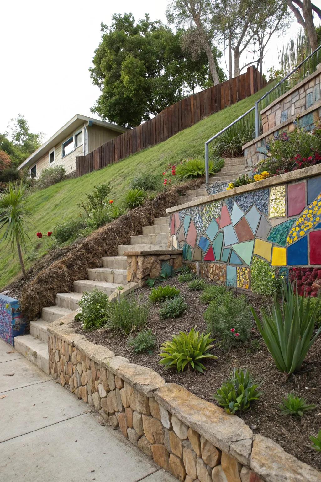 Creative earth-holding walls inject character and offer support to a hill.
