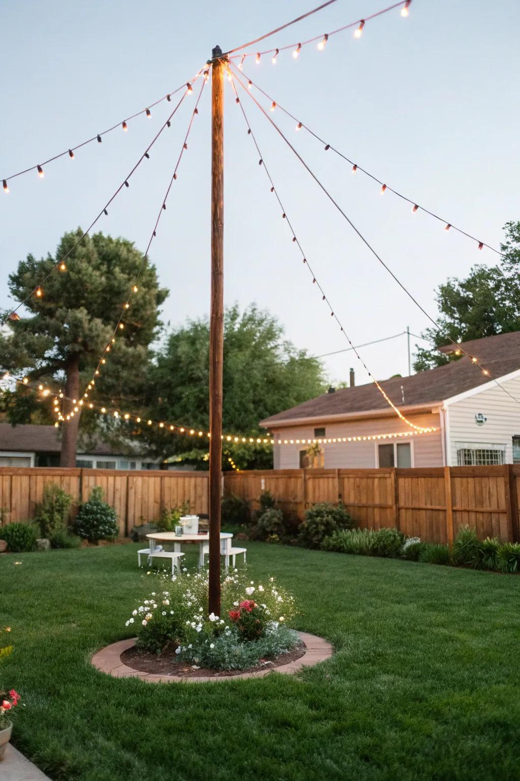 A center pole with light garlands creates a dramatic focal point.
