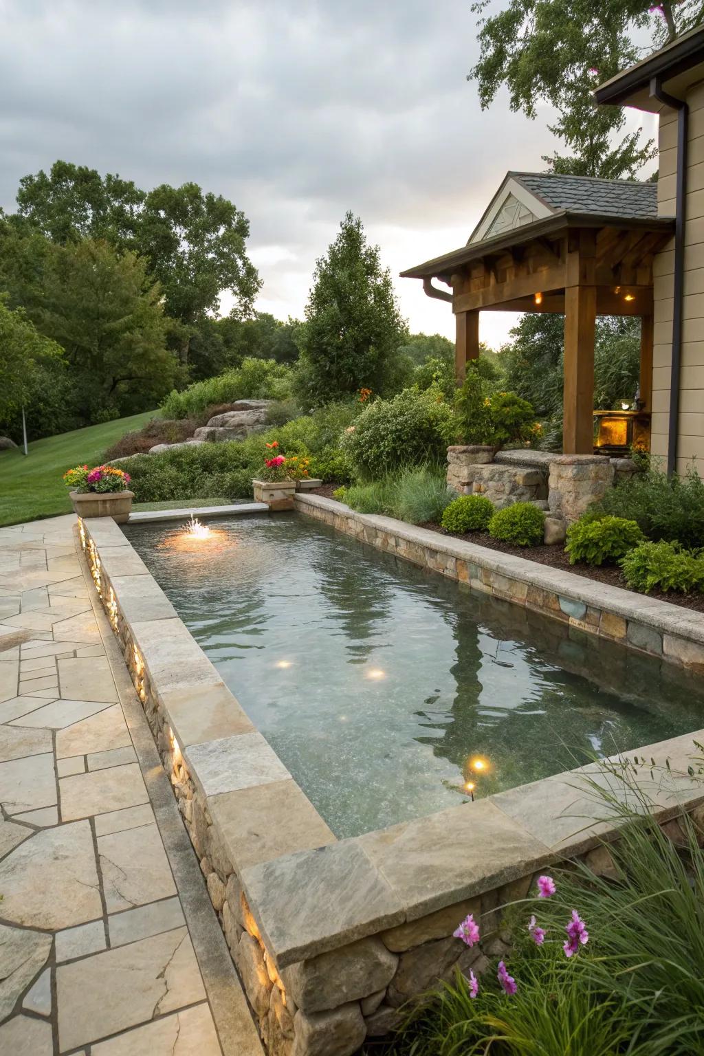 Transform your backyard into a serene oasis with a reflective pool that doubles as a dog wash station.