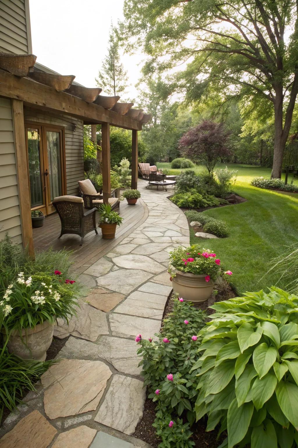 A whimsical stone pathway guiding to the patio.