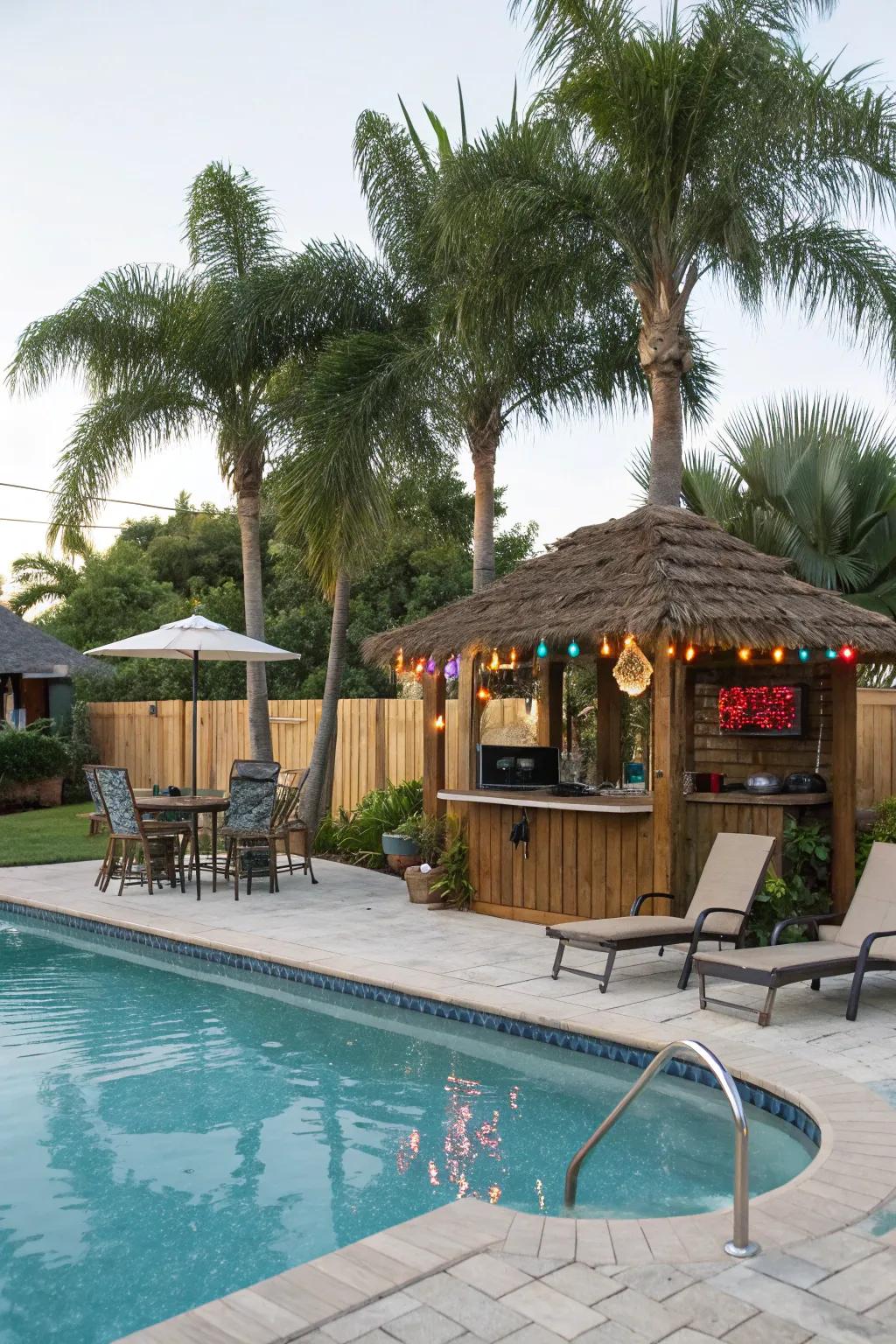 A mini tiki bar adds a tropical and fun touch to the pool area.