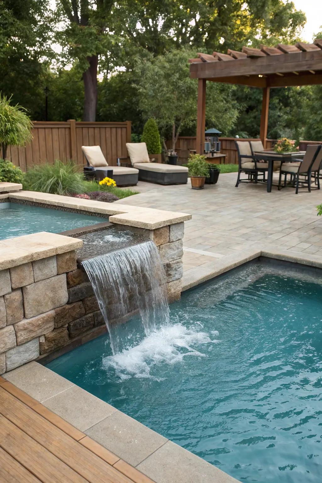 An integrated seating area invites relaxation by your waterfall.