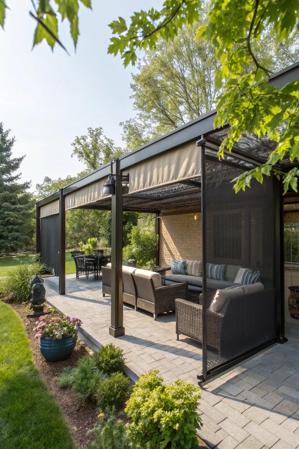 Retractable dividers offer adjustable seclusion for patios.