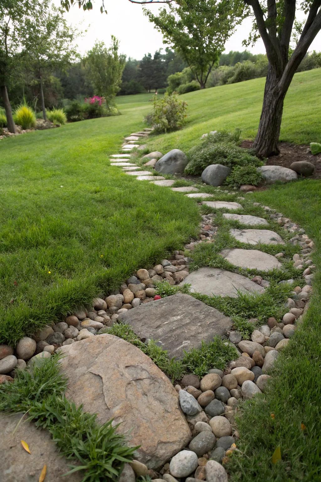 Walkway tiles and stones fashion an inviting path.