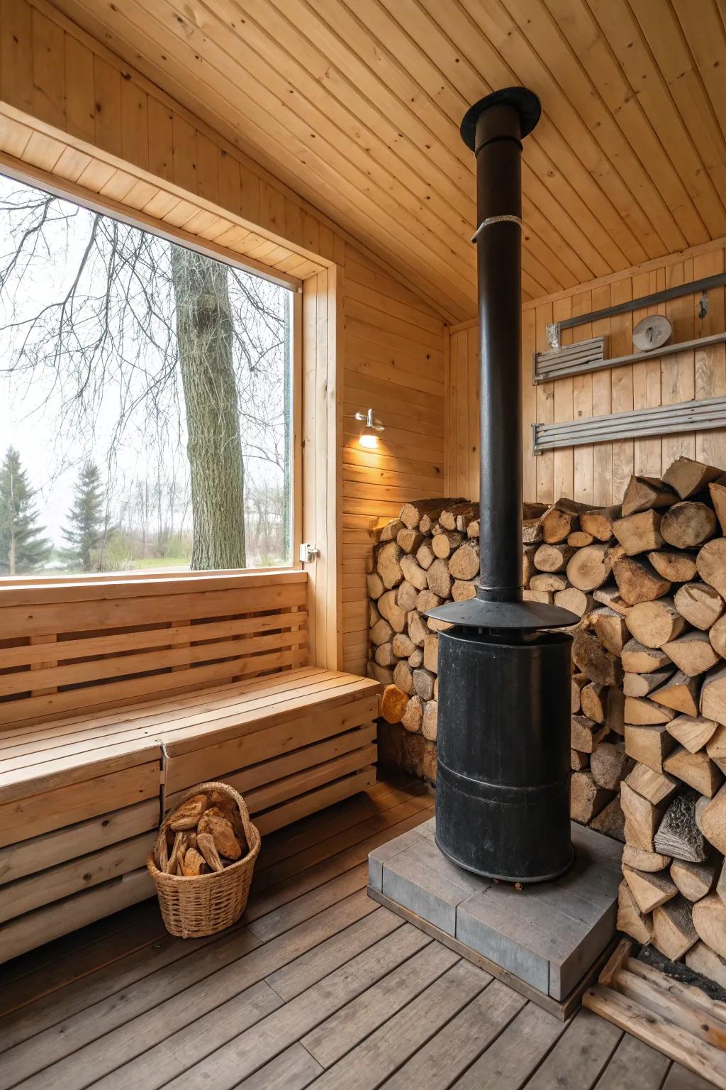 A wood-fired sauna designed for a traditional experience.
