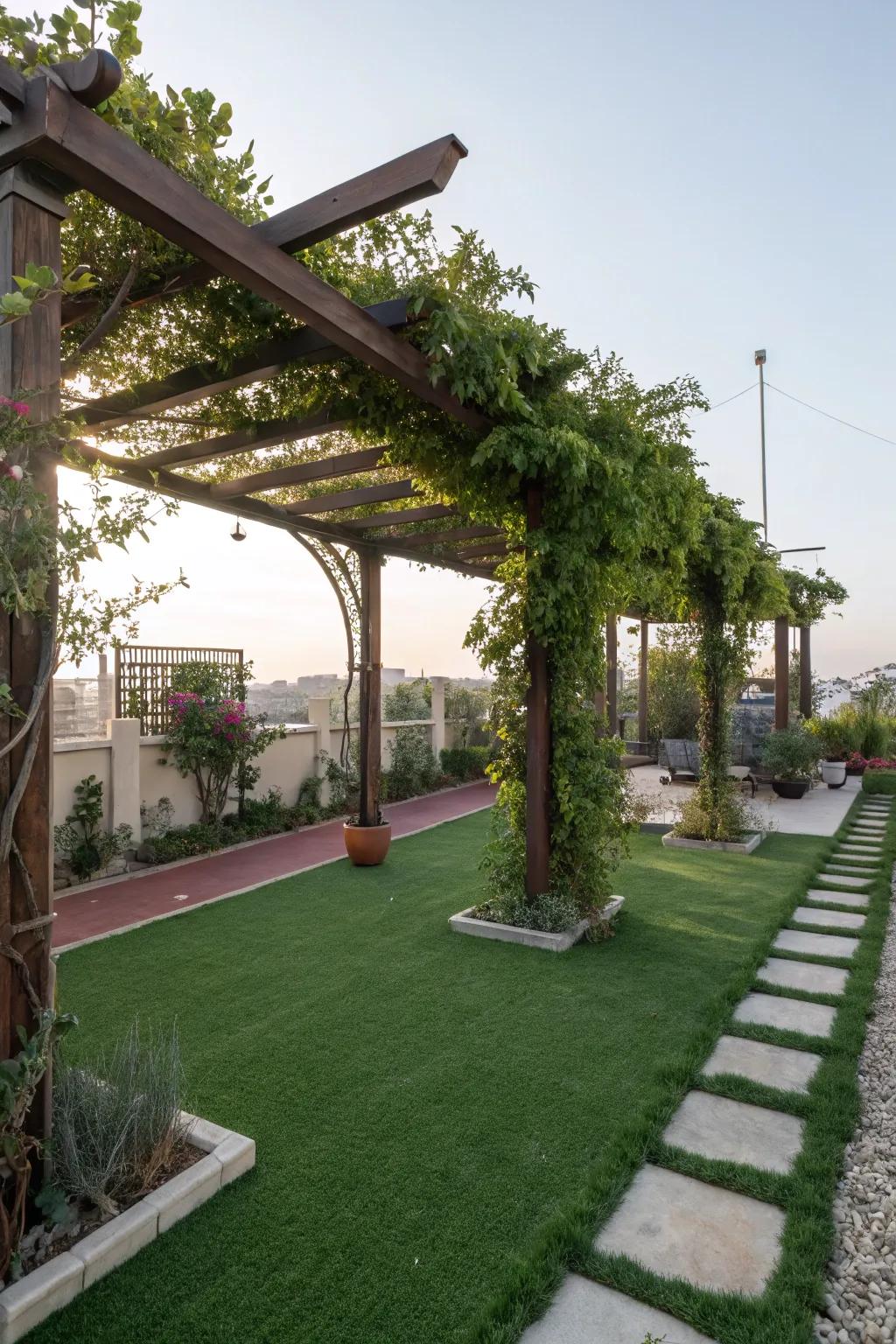 A shady pergola offers shade over the turf.