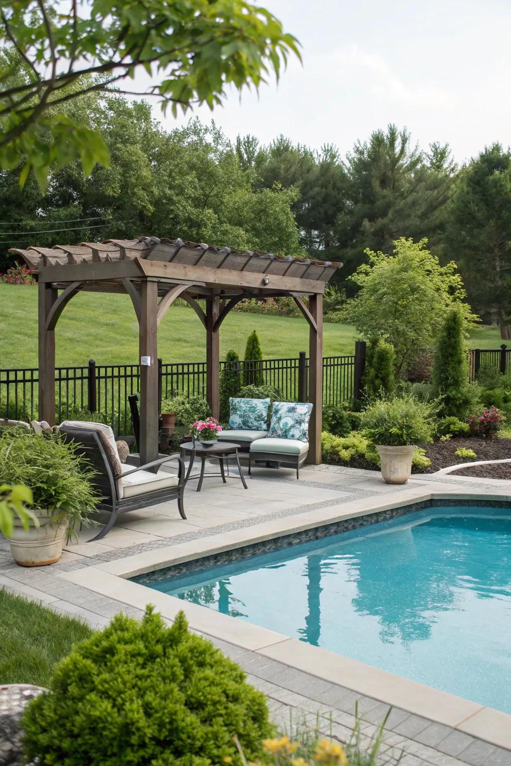 An arbor provides a sheltered retreat by the pool.