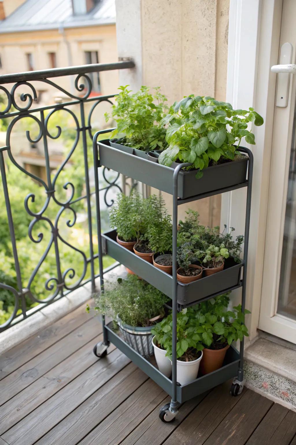 A portable herb trolley is both practical and stylish for compact spaces.