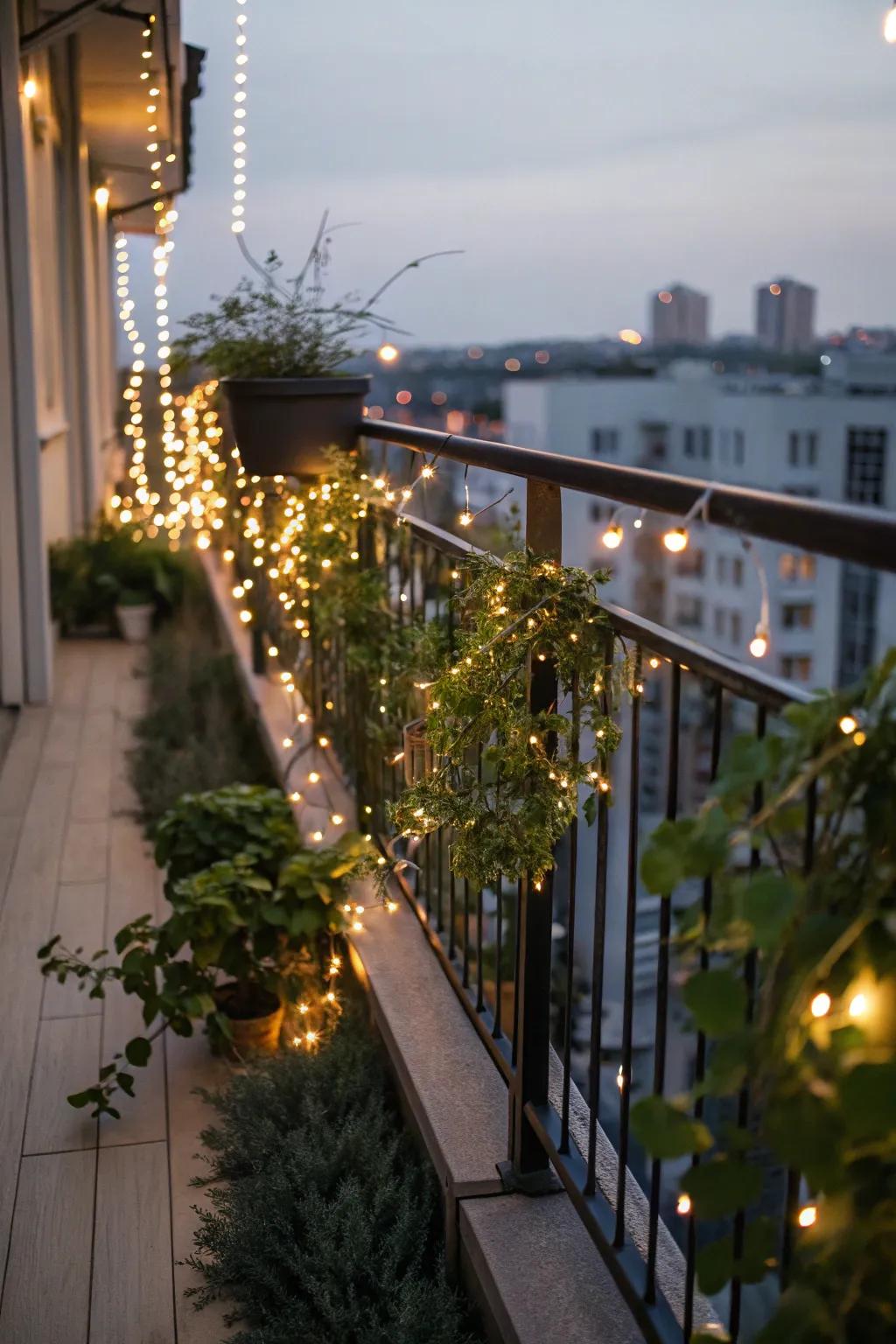 Solar fairy lights are a whimsical and eco-friendly choice for balconies.